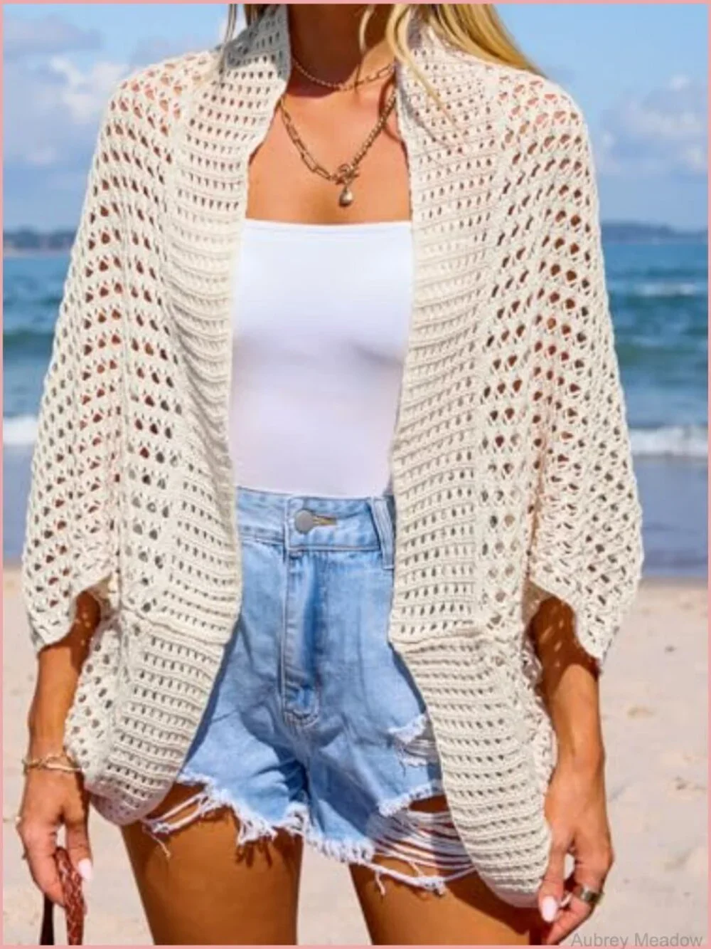 Open Front Crochet Long Dolman Sleeve Beach Cover-up